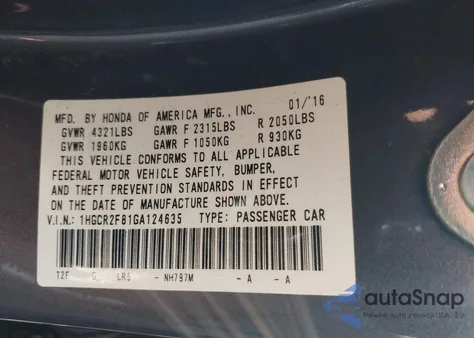 2016 Honda Accord Ex-L from USA, damaged, VIN 1HGCR2F81GA124635